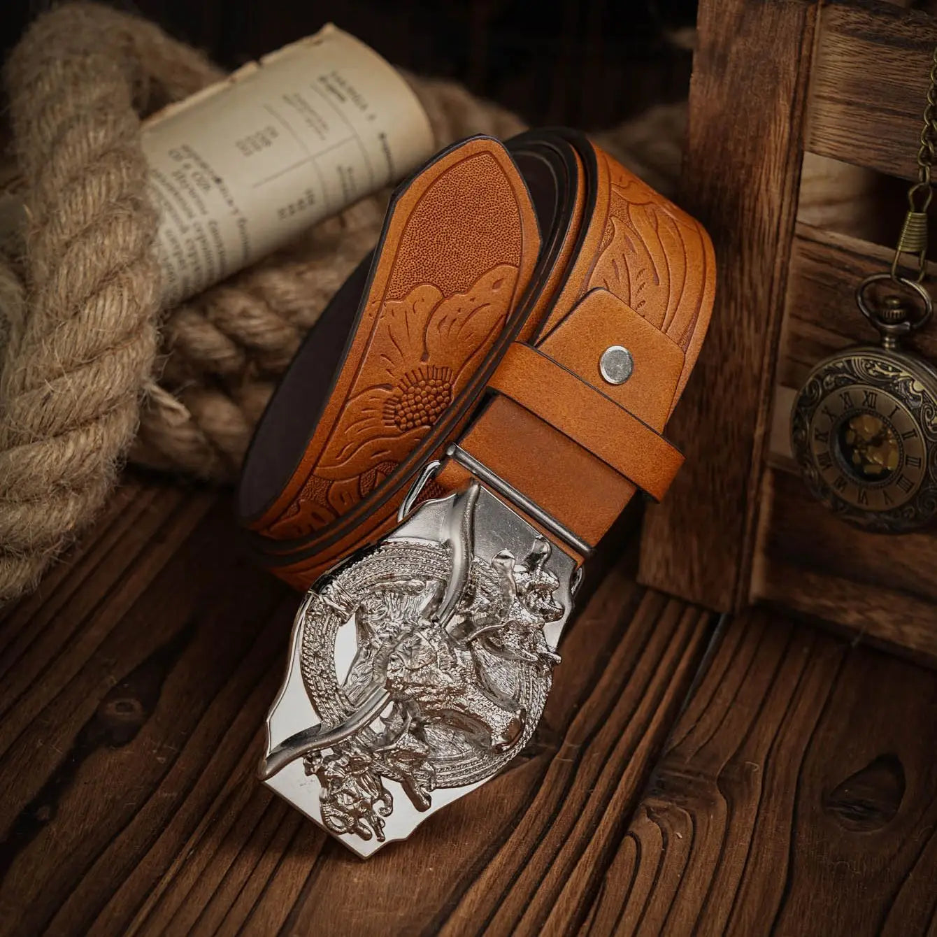 Western Cowboy PU Leather Belt - Men Waist Strap Bull Decoration Floral Engraved for Jeans
