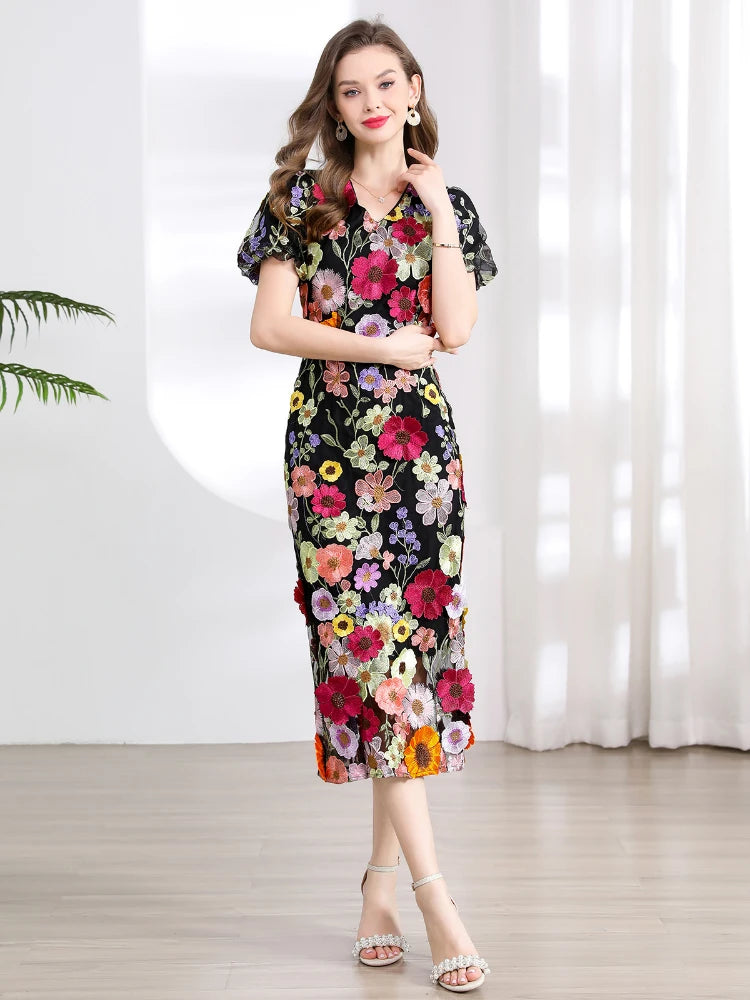 Summer High-end Embroidery Lace Prom Dress Women French Luxury 3D Flower Short Sleeve Long Dress Party Bodycon Holiday Vestido