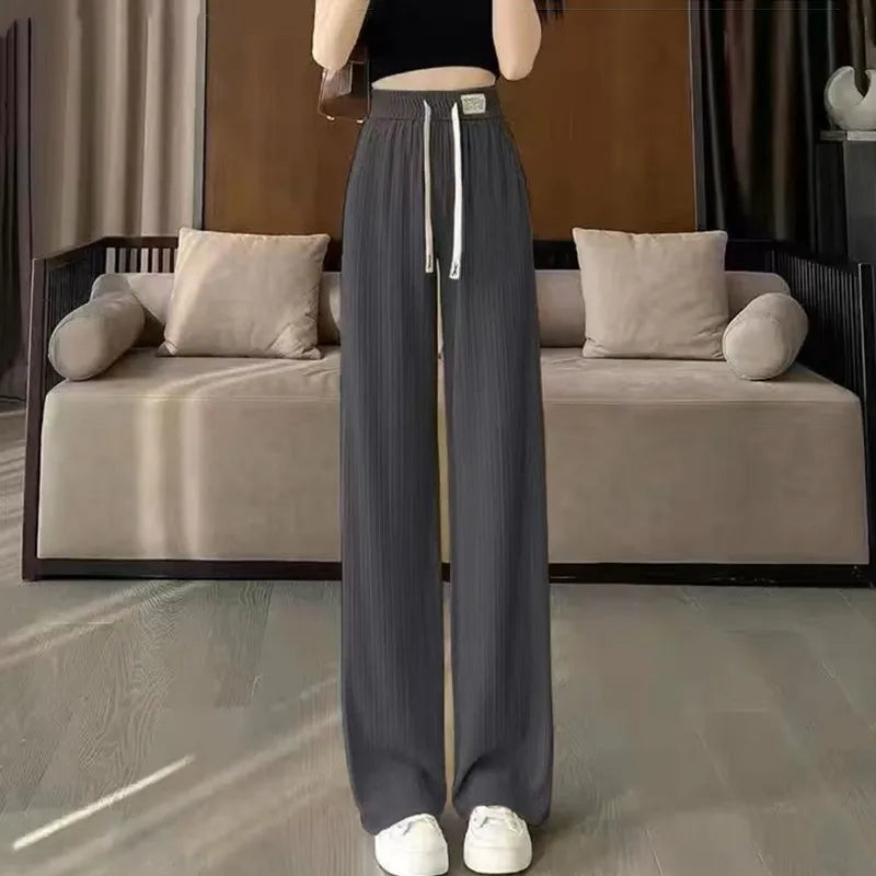 High Quali Ice Silk Wide Leg Pants Women's Straight Leg Casual Trousers Summer New Sle Trendy High Waist Nine Points