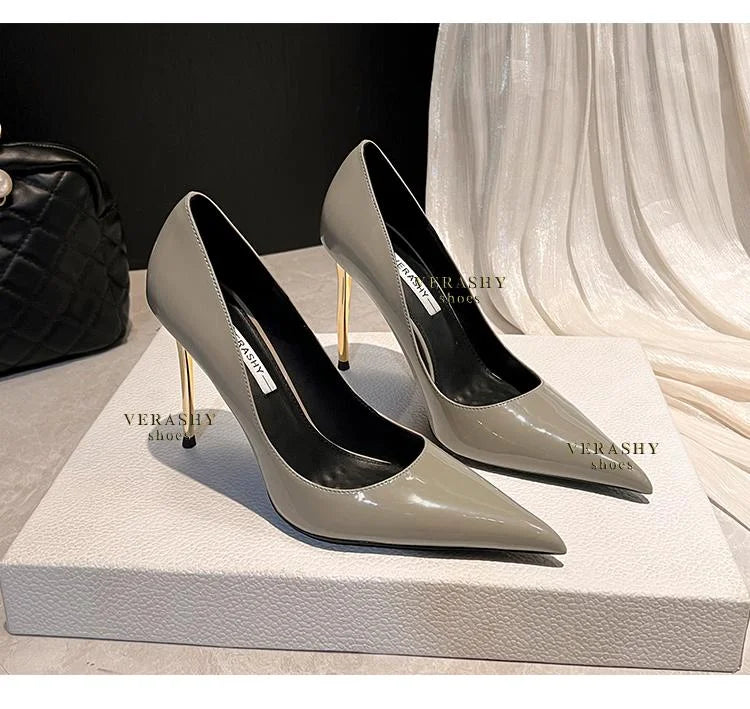 Green Shoes Quality Woman Pumps Patent Leather High Heels Sexy Party Shoes Metal Stilettos Luxury Wine red High-heeled Shoes