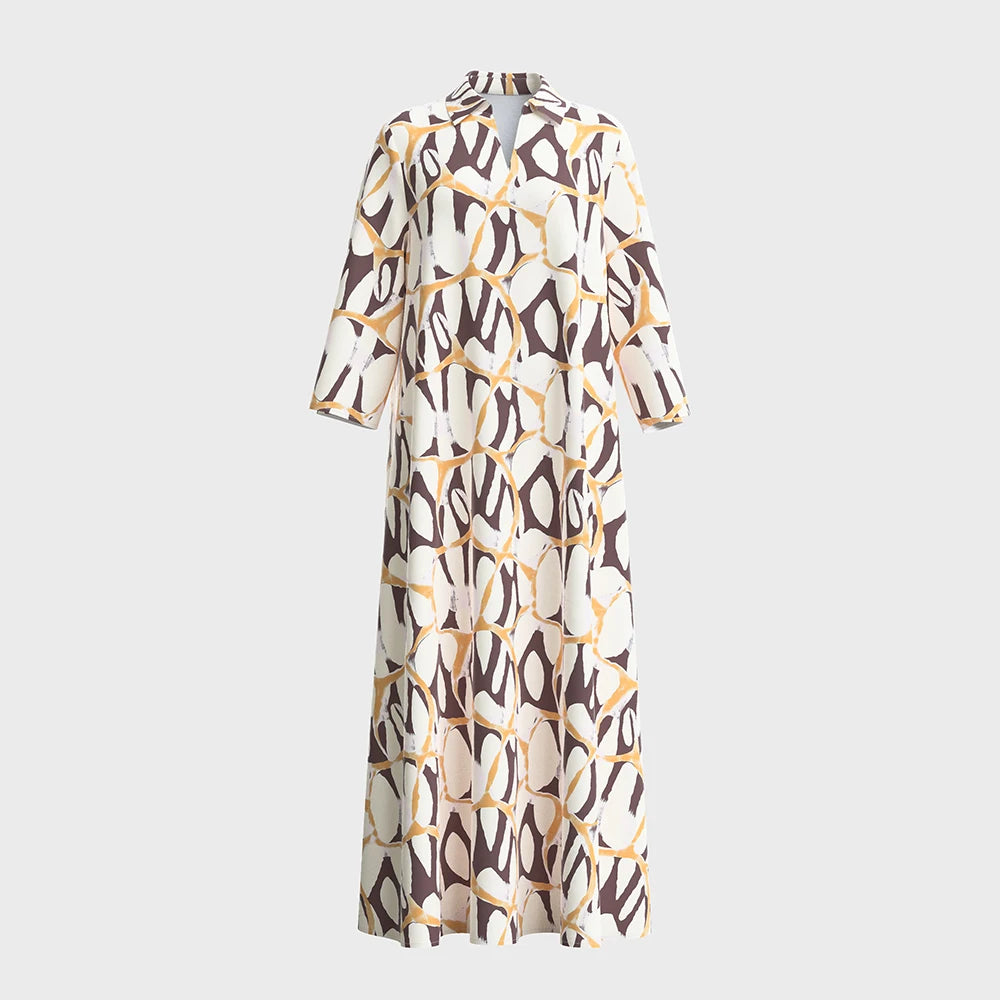Plus Size Rafiah Women's Summer Arabian Dress 2025 Geometric Printing Long Sleeve Lapel A-Line Draped Long Dress