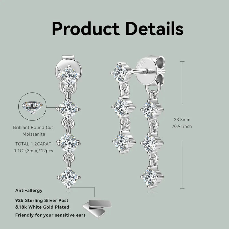 Lnngy 3mm Moissanite Drop Earrings 925 Sterling Silver Tassel Chain Earring For Women Girls Wedding Party Charms Jewelry Gift
