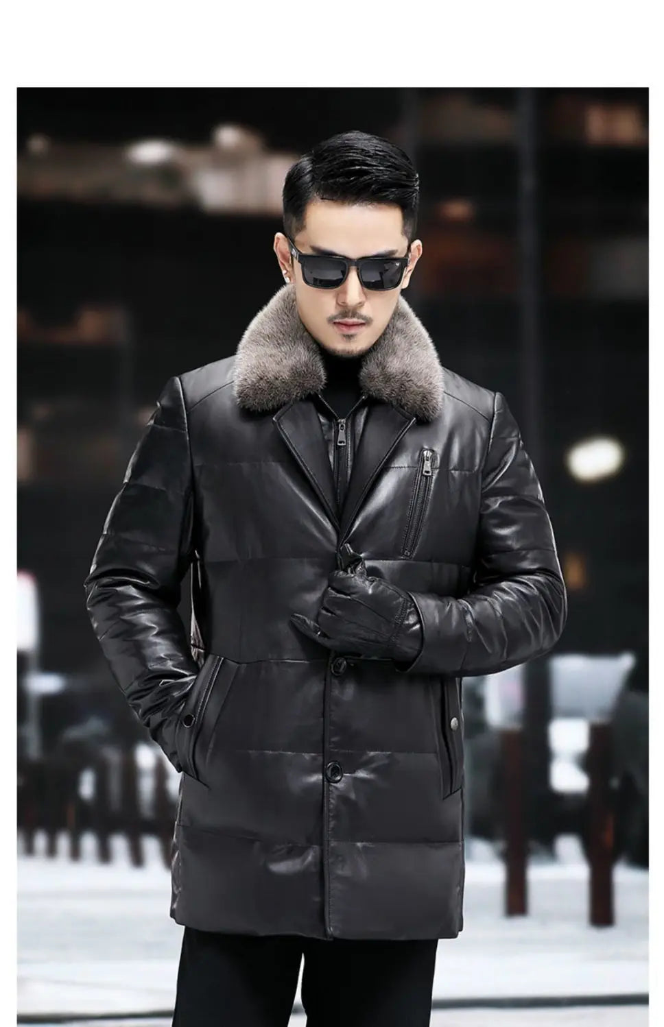 Men's Leather Jacket, Mid-Length, Lapel, Single Breasted Down Jacket, Mink Collar, Sheepkin, Thick Coat, Autumn and Winter