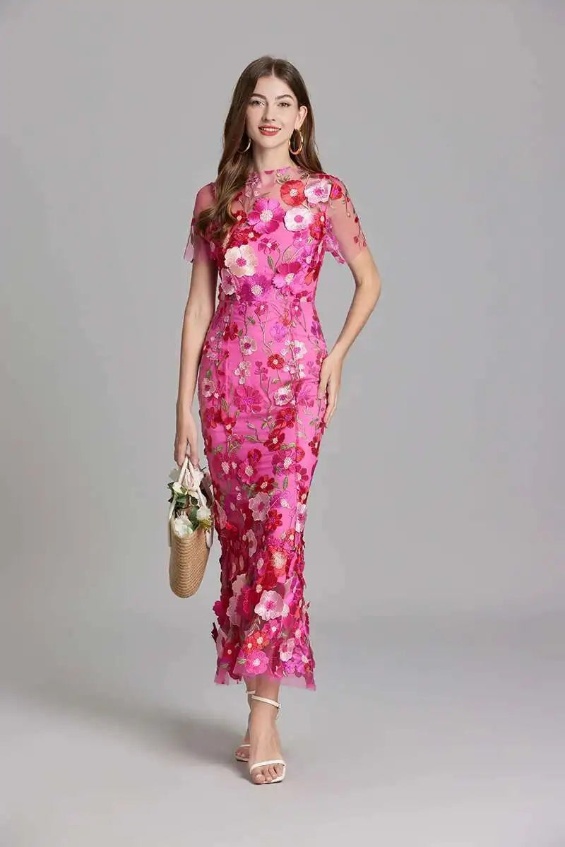 French Luxury 3D Flower Fishtail Lace Prom Dress – Women's Summer Short Sleeve Midi Evening Dress