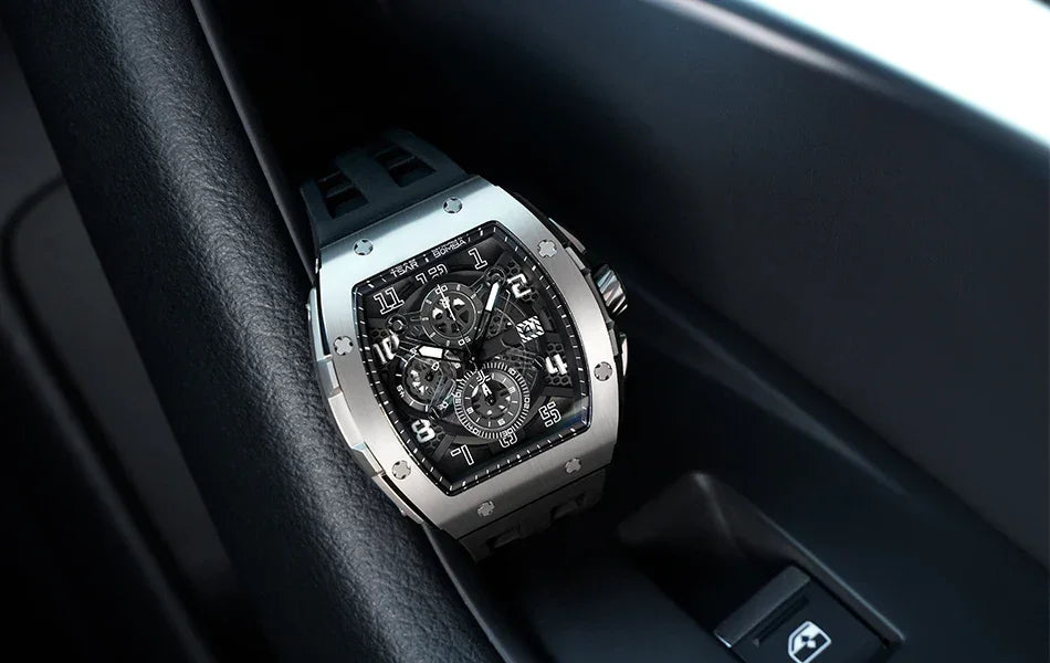 TSAR BOMBA Luxury Mens Watch Top Brand Wristwatch Tonneau Clock Rubber Strap Chronograph Sapphire Watches for Men