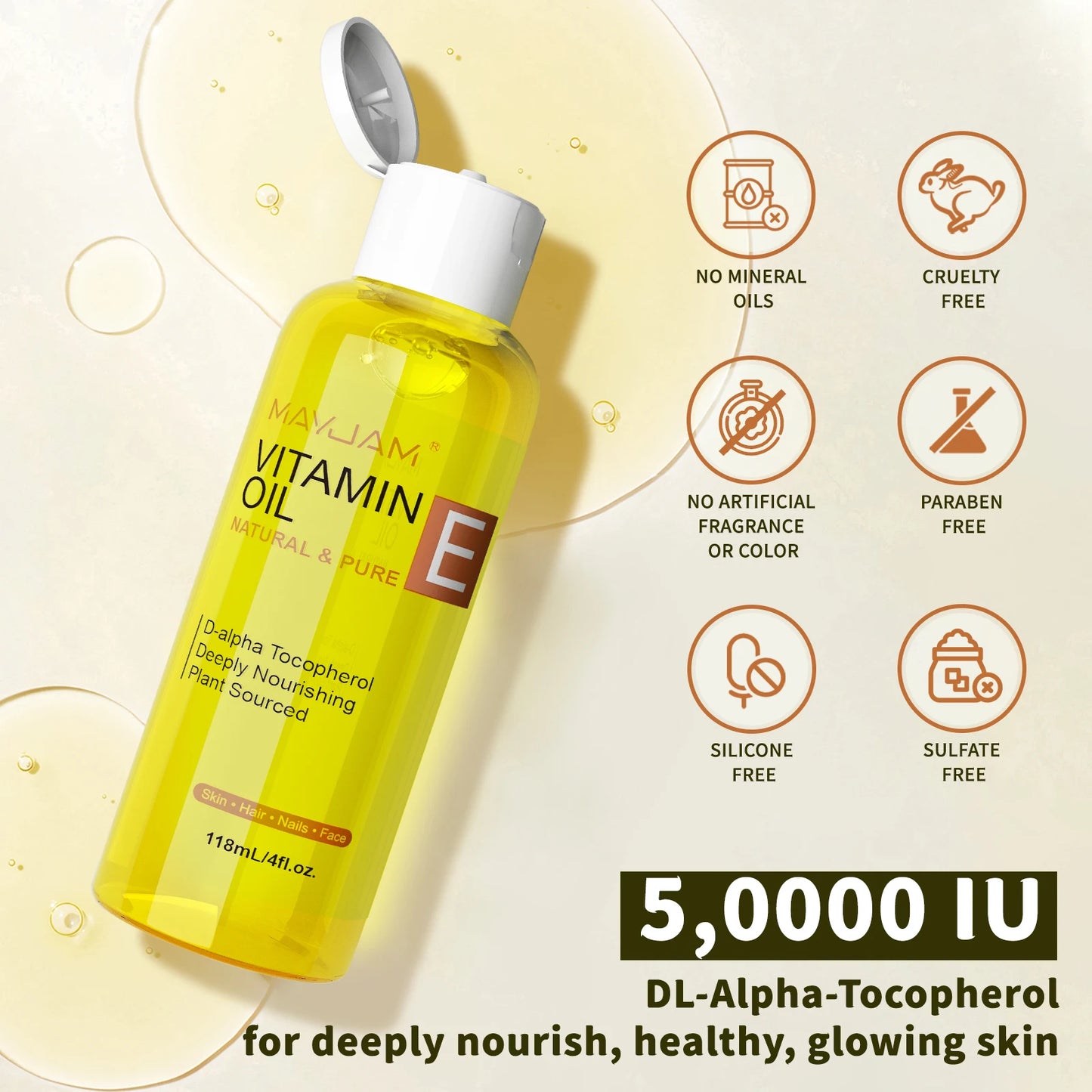 MAYJAM 118ml 236ml Pure & Natural Vitamin E Oil for Skin Hair Nails & Face Care Deeply Nourishing Moisturizing Massage Oil