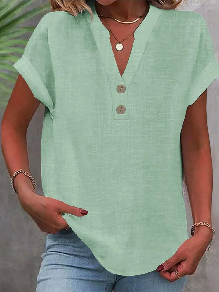 Cotton Linen Short Sleeved Breathable Shirt Summer Solid Color Fashion Stand Up Collar Button Down Women's Casual Office Shirt