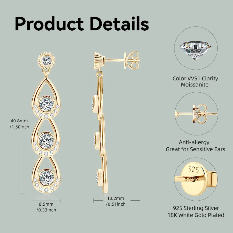 Lnngy 925 Sterling Silver 4mm&3mm Moissanite Drop Earrings For Women Girl Exquisite Tassel Chain Earring Wedding Jewelry Gift