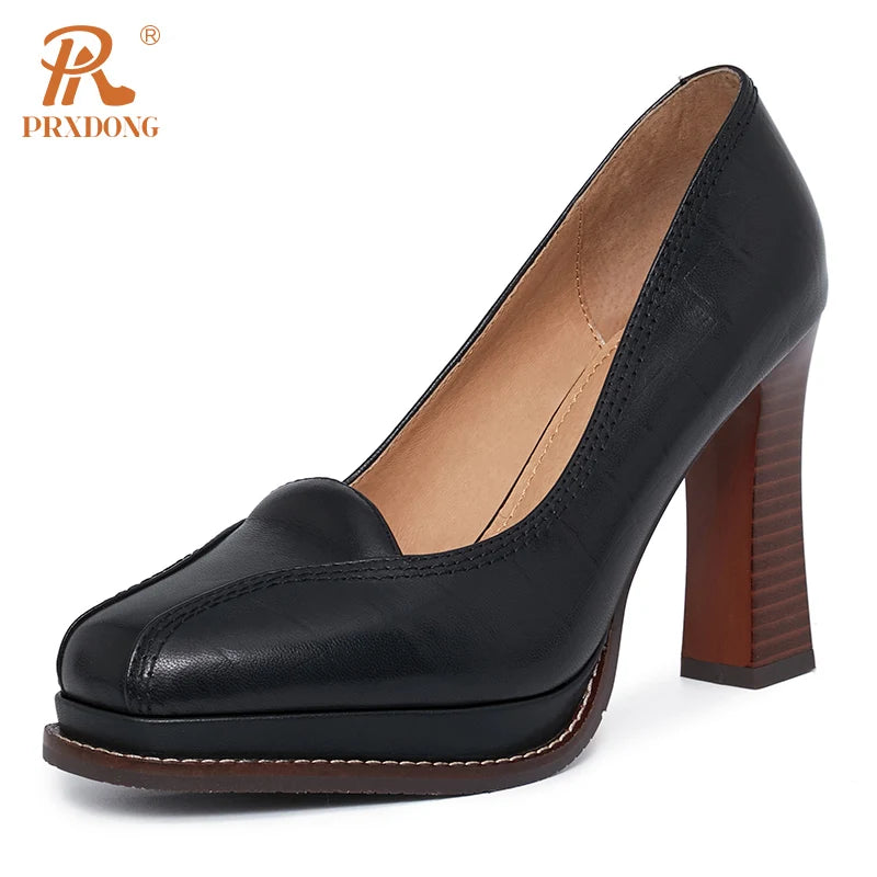 Women’s Genuine Leather Retro Platform High Heels – Black & Brown