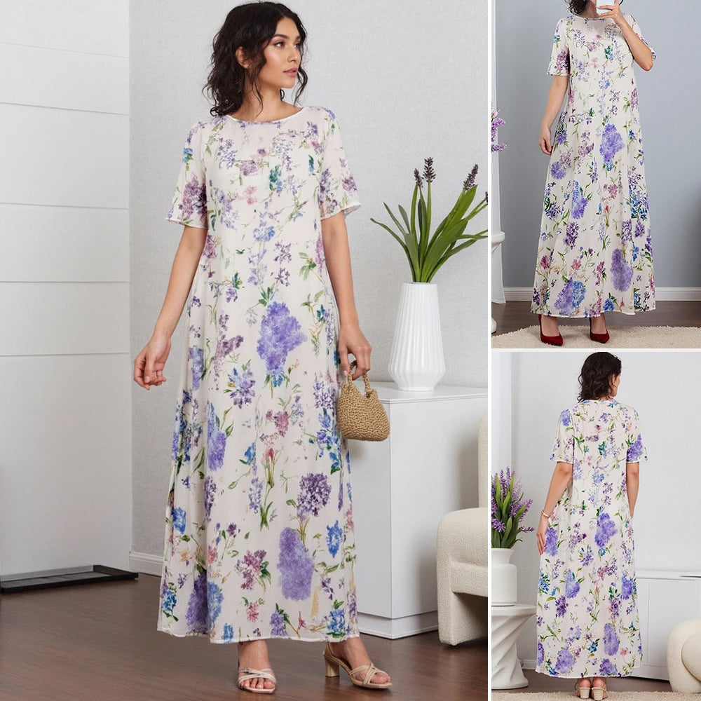 Rafiah Women's Summer Arabian Dresses Cultural Loose Floral Full Print Half Sleeve Keyhole Neckline Midi Casual Arabian Dresses