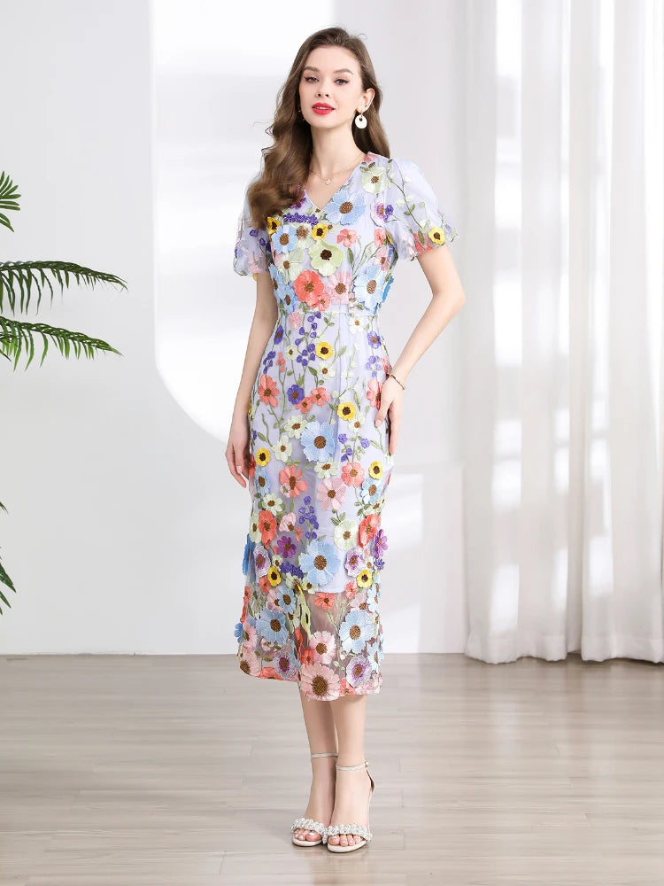 Summer High-end Embroidery Lace Prom Dress Women French Luxury 3D Flower Short Sleeve Long Dress Party Bodycon Holiday Vestido