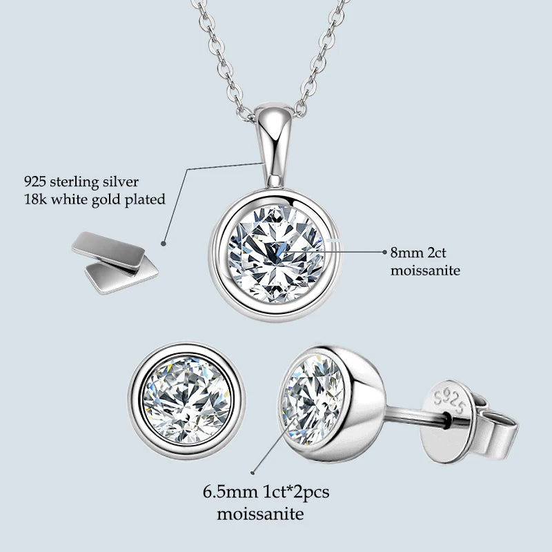 Anziw 925 Silver Set 2ct Moissanite Pendant Necklace 1ct 0.5ct Stud Earrings 18K Gold Plated Jewelry Sets for Women Wedding Gift