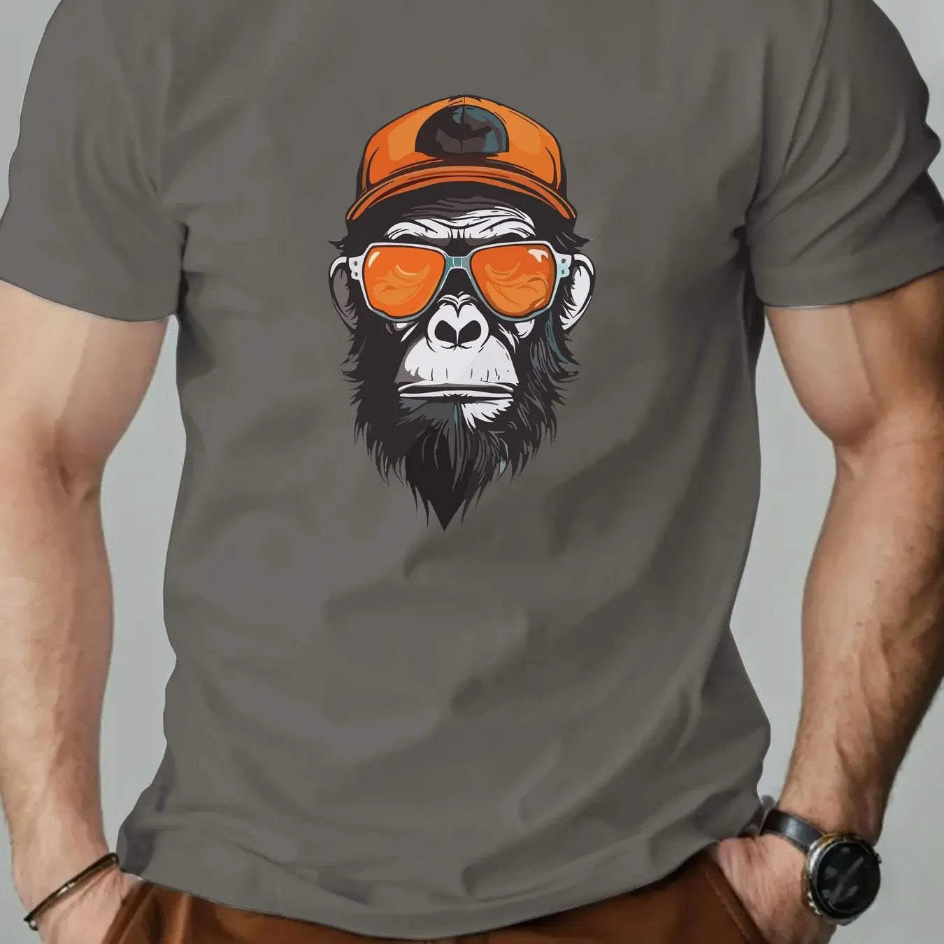 Men's summer 100% pure cotton fashionable casual sports loose monkey with sunglasses π glasses pattern printed round neck short sleeved T-shirt top