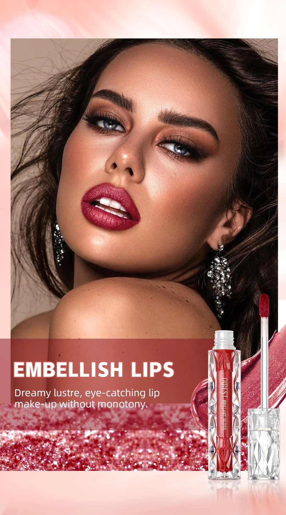 QIBEST Shimmer Lip Gloss Diamond Glitter Lip Tint Waterproof Long Lasting Matte Liquid Lipstick Red Purple Lipgloss Women Makeup