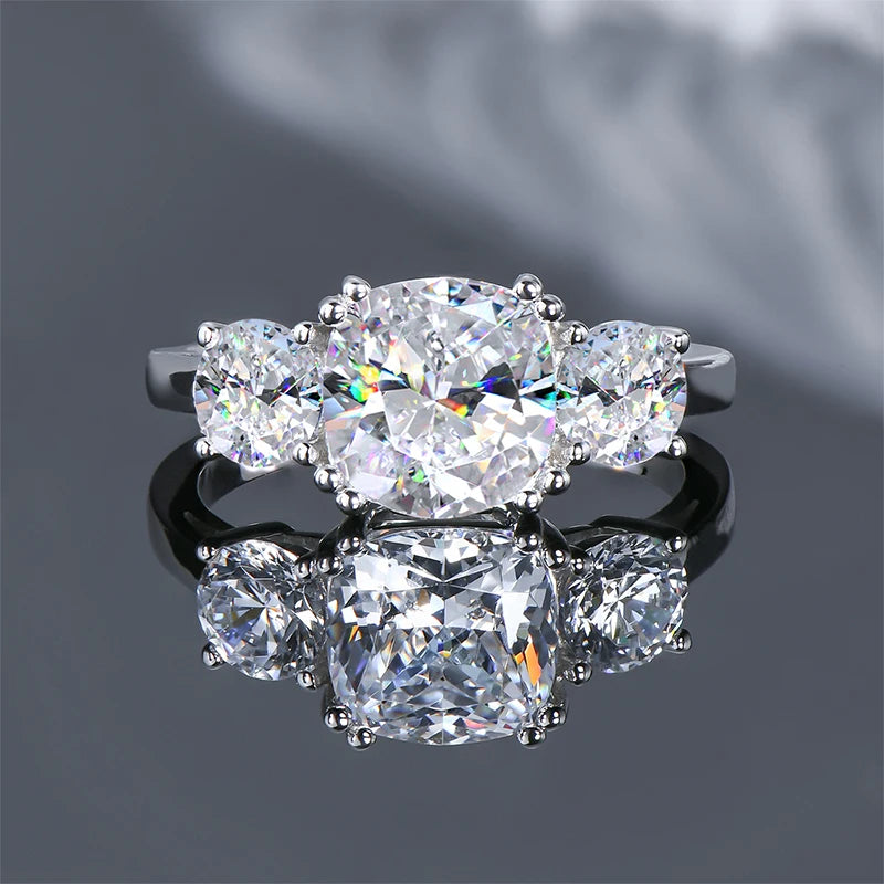 Lnngy Round Cushion Cut Moissanite Engagement Ring for Women 925 Sterling Silver Three Stone Wedding Ring Sparkling Jewelry Gift