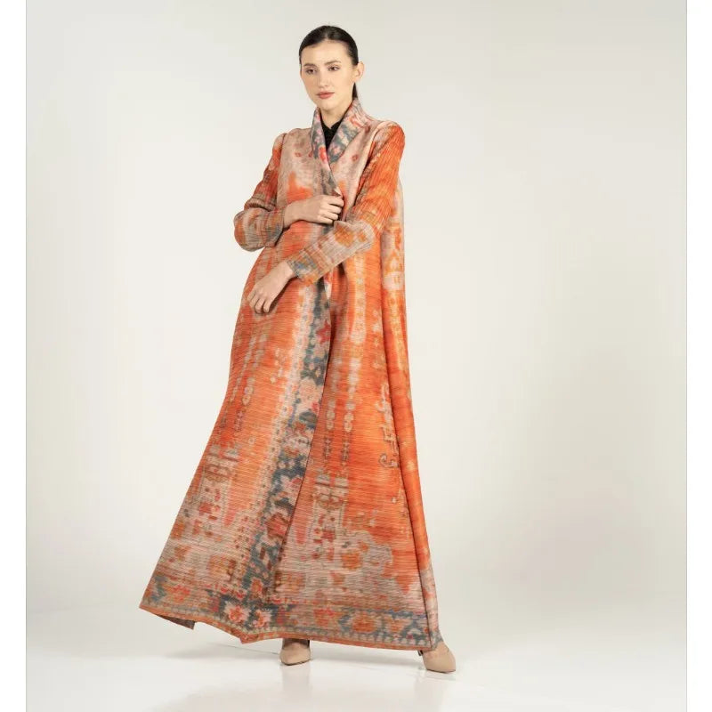 KAF Pleated Women Large Size Trench Coat 2024 Spring and Autumn New Vintage Printed Design Female Robe Arab Luxury Abaya