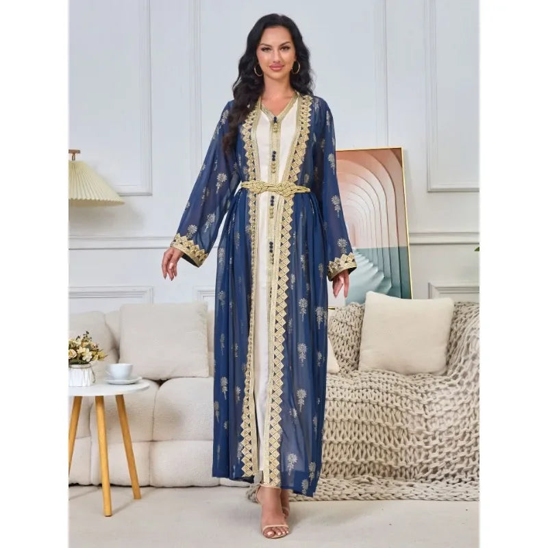 KAF Women Luxury Evening Party Dress 2 Piece Printed Embroidered Cardigan Long Jacket V-Neck Sleeveless Dress 2025 Spring New