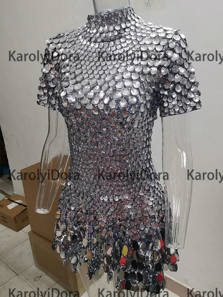 Sexy Black Shell Sequins Mini Dress Nightclub Dance High Quality Performance Clothing Bodysuit Birthday Red Dresses