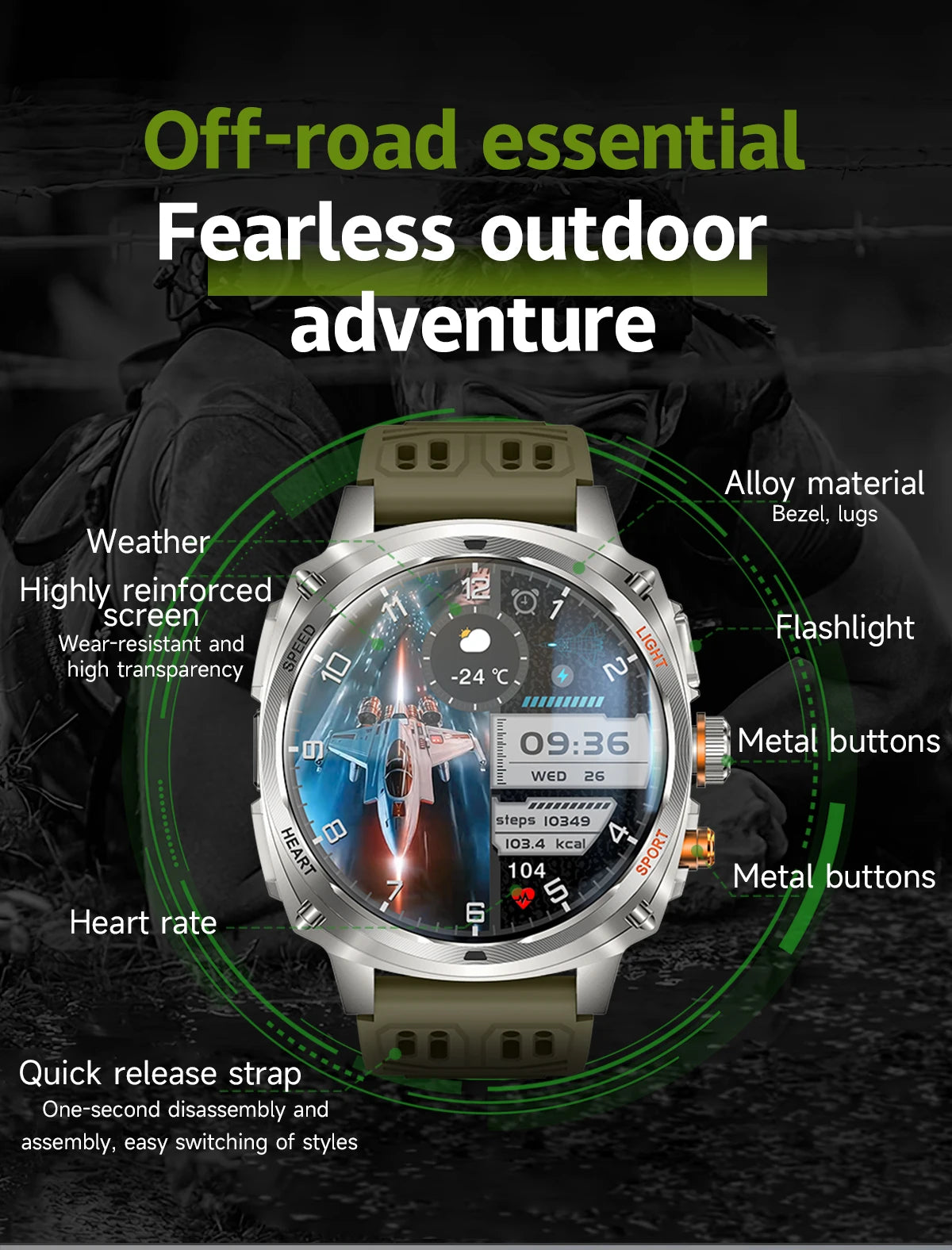 LIGE Rugged Military 1.75-inch AMOLED Screen Smart Watch With LED Flashlight 800mAh Battery Bluetooth Call Smart Watch Men Gift