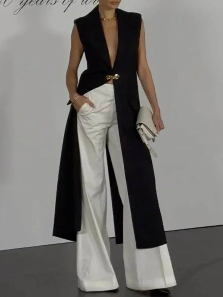 Freeacy Solid Black Sleeveless Vest Outerwears for Women Lapel Deep V-neck Extra-long Coat 2025 Spring and Summer Fashion Tops