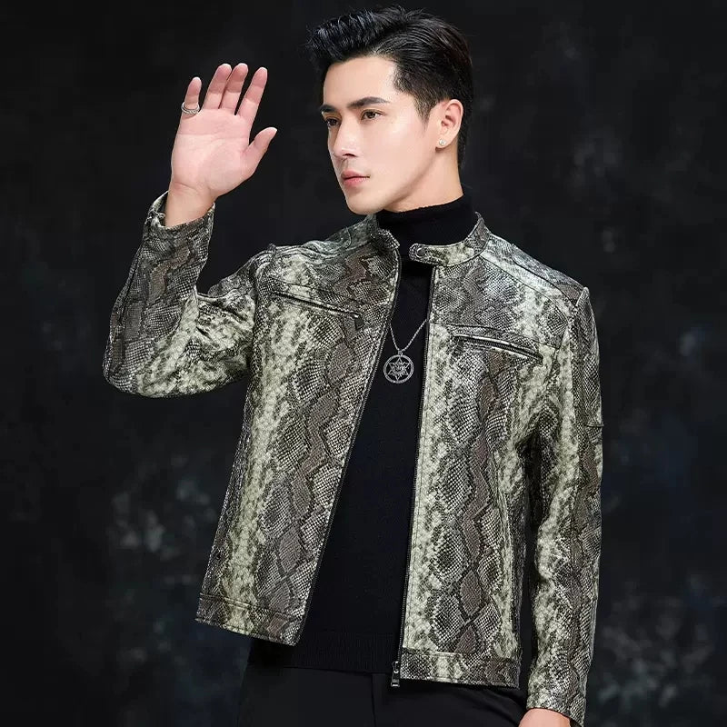 Men’s Python Pattern Sheepskin Leather Jacket – Slim Fit Stand Collar Moto Biker Coat