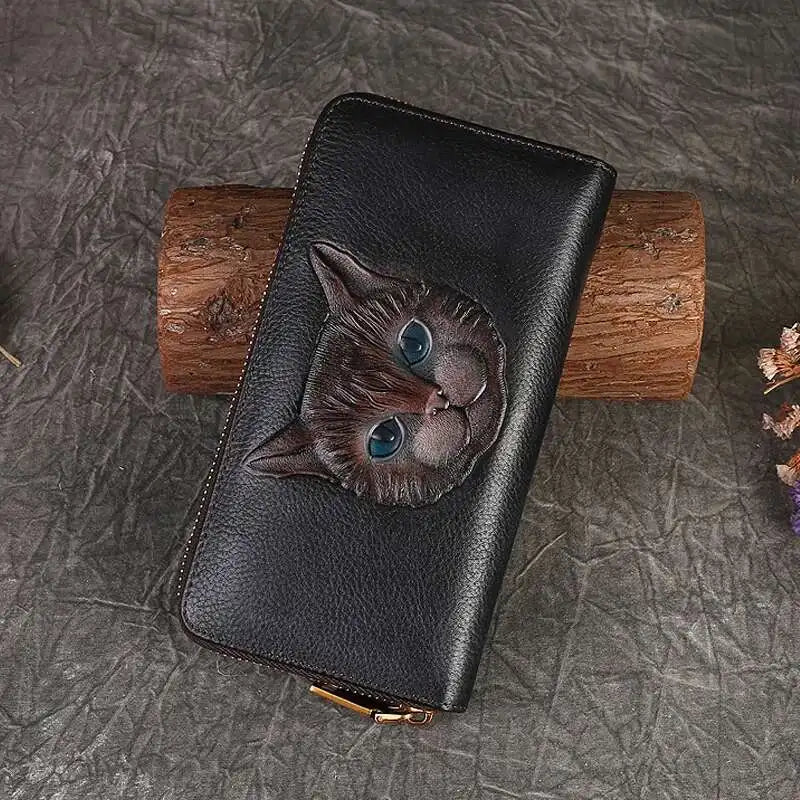 MOTAORA Genuine Cowhide Leather Women's Long Wallet with Retro Cat Print, Multi Card Slots, ID/Credit Card Holder Cash Organizer