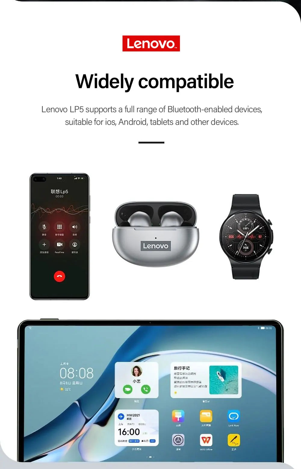 سماعات لينوفو LP5 TWS بلوتوث 9D ستيريو هاي فاي رياضية مقاومة للماء لاسلكية لأجهزة iPhone 13 وسماعات شاومي بلوتوث