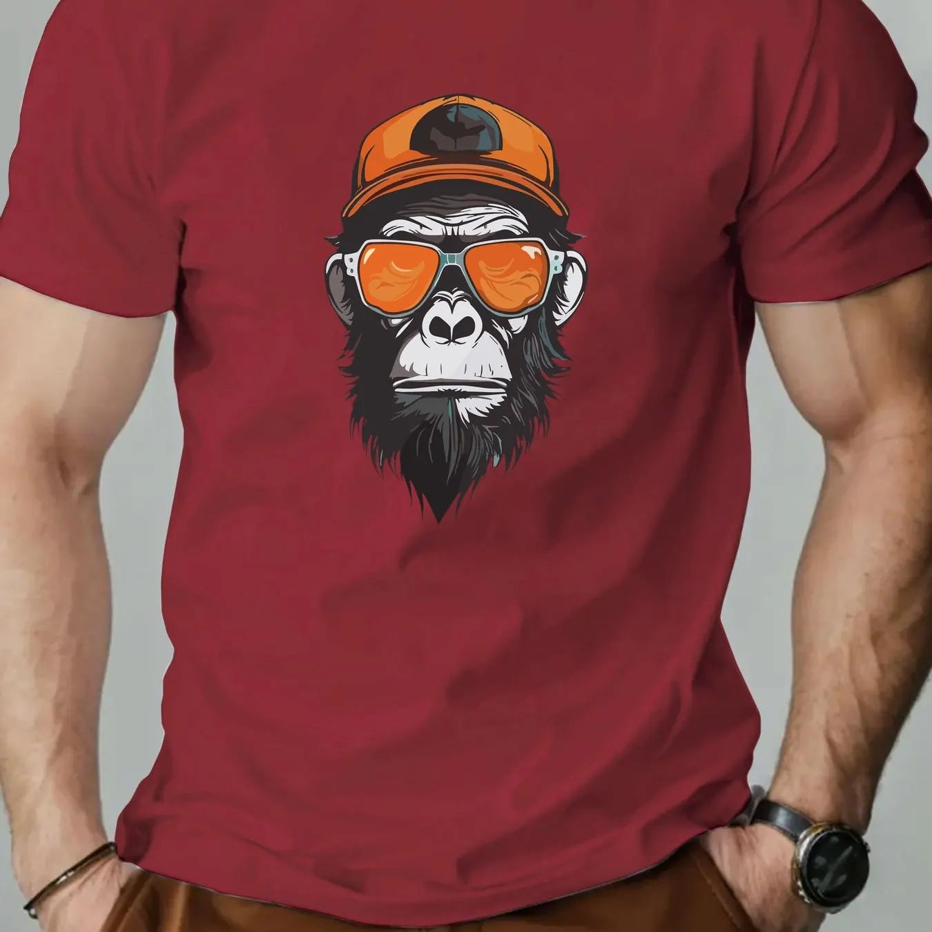 Men's summer 100% pure cotton fashionable casual sports loose monkey with sunglasses π glasses pattern printed round neck short sleeved T-shirt top