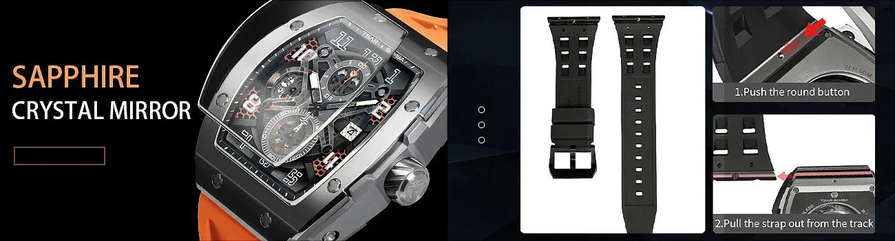 TSAR BOMBA Luxury Mens Watch Top Brand Wristwatch Tonneau Clock Rubber Strap Chronograph Sapphire Watches for Men