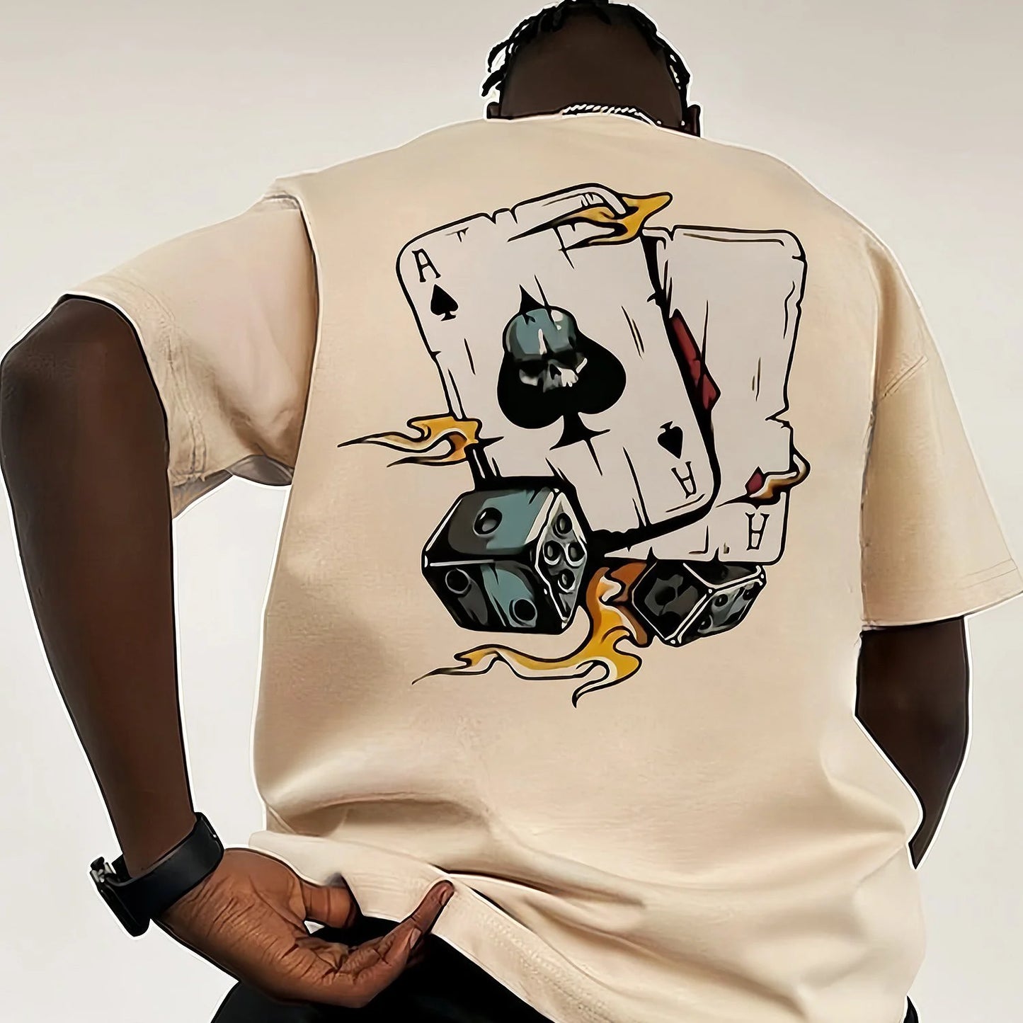 Men's summer 100% pure cotton fashionable casual loose spade a and dice printed round neck short sleeved T-shirt top