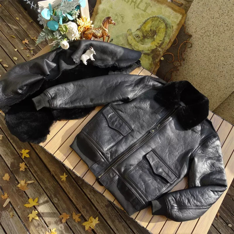 Mens Oil Waxed Sheepskin Motorcycle Short Coat Lapel Winter Real Fur Jackets Warm Wool Lining Genuine Leather Pilot Jacket Male