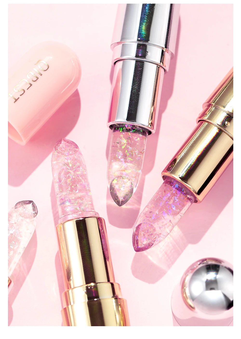 QIBEST Glitter Lipstick Lip Balm Color Change Transparent Moisturizing Crystal Jelly Pearlescent Lip Plumper Gloss Tint Cosmetic
