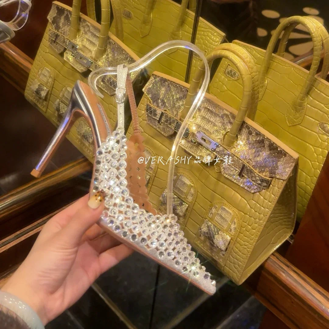 Silver Water Drop Shiny Diamond Slingback Sandals Girls Luxury Party Pointed Stilettos Gold Leather Cover Heels Shoes