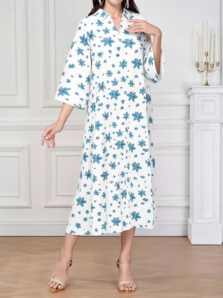 Rafiah Women's Even Dress Arabian 2025 Summer Comfortable Indie Folk Graphic Printing Lapel Midi Loose Fit Long Dress