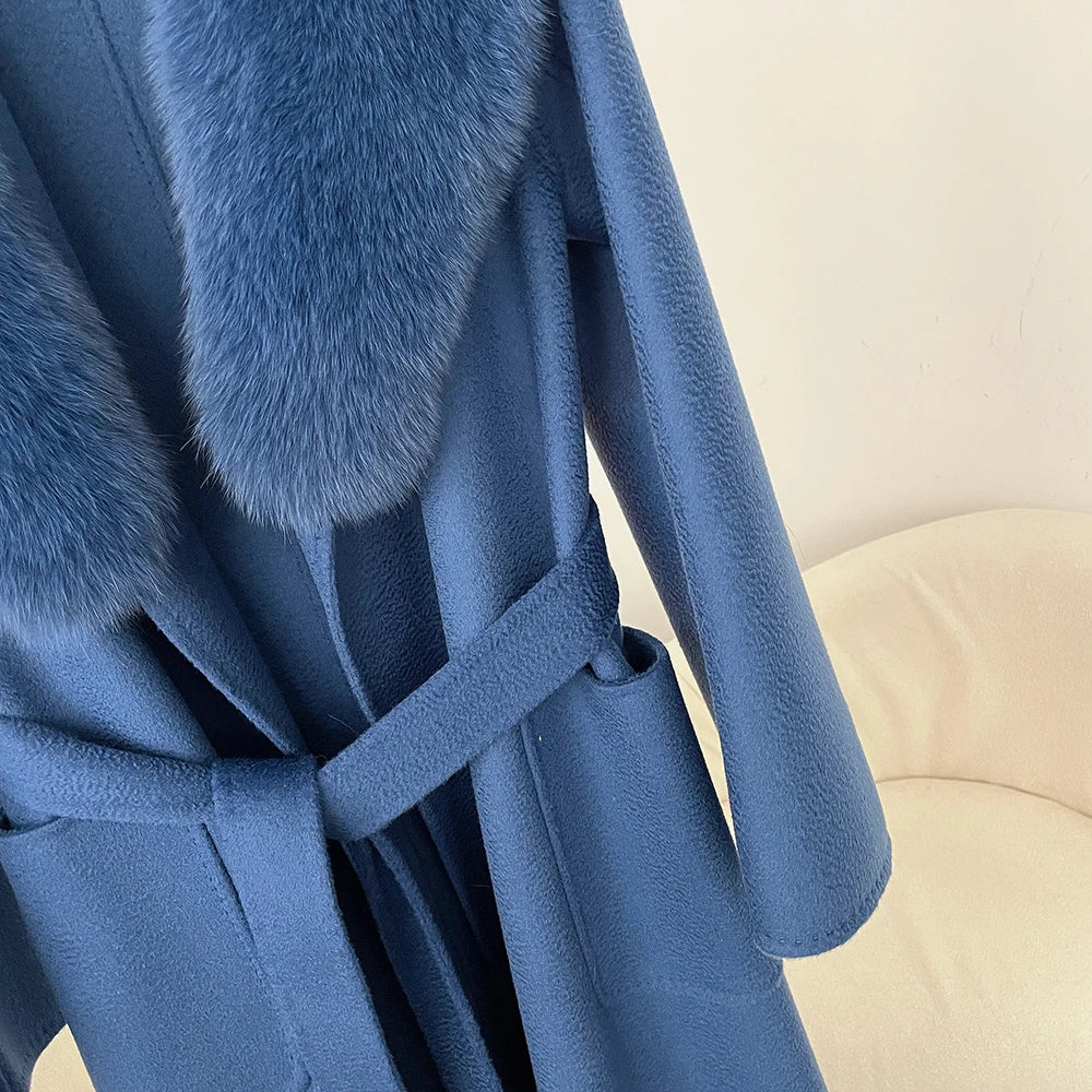GENHUA 2025 New Casual Fur Coat for Ladies Winter Wool Long Fur Ladies Natural Real Fox Fur Collar Jacket for Ladies Warm Coat