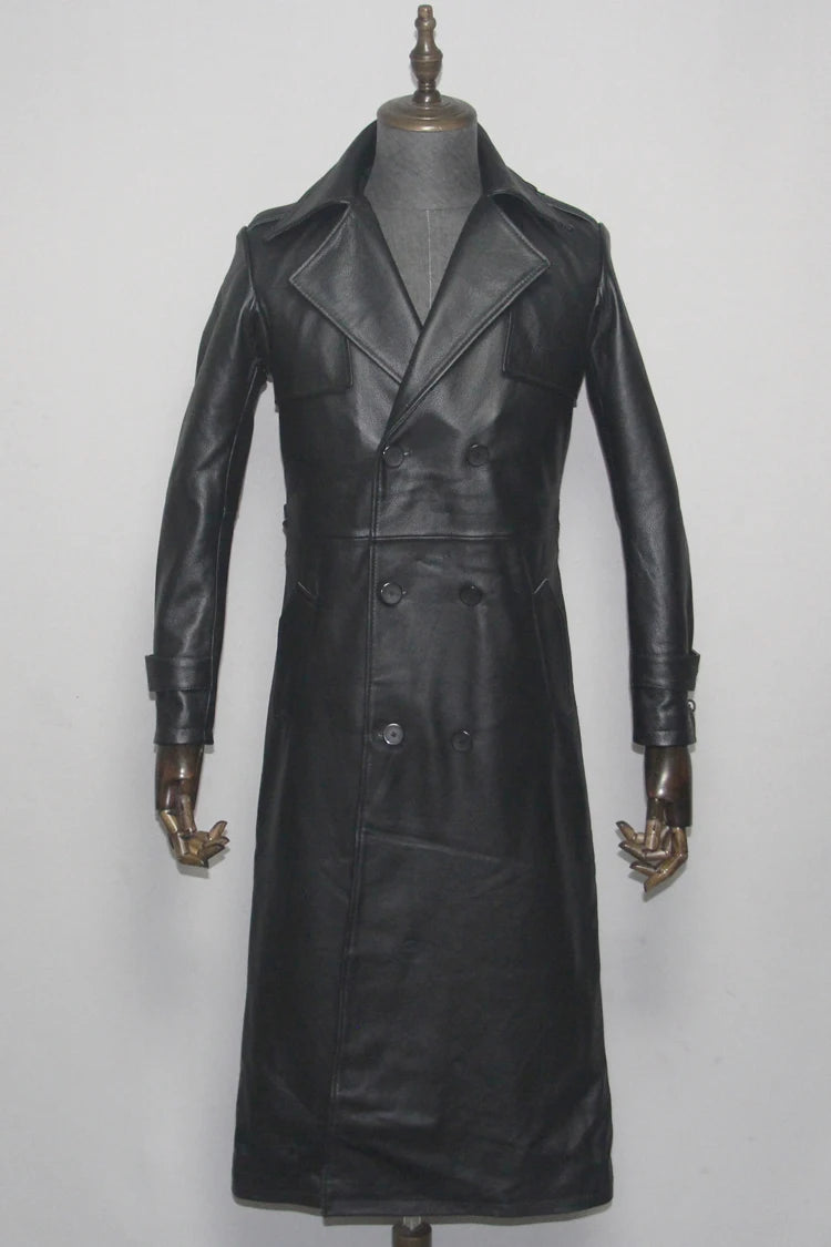 Men's Leather Trench Coat, Genuine Cowhide, Double Breasted, Extended Length Trench Long Coat Windproof Belt, Autumn Winter,6XL