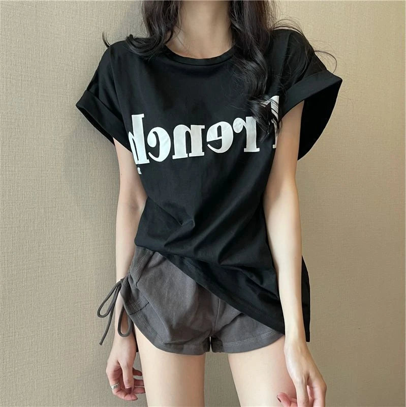 Loose ort Sve T-irt Women's Summer Thin Design Sense Hong Kong Sle Chic Retro Top Trendy round Ne Polyester ...