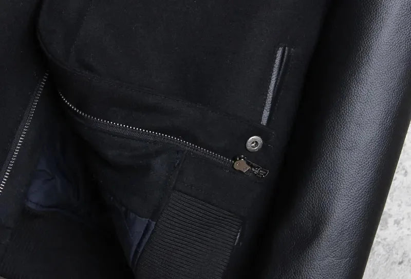 Men 100% Genuine Leather Jacket Woolen Patchwork Loose Stand Collar Jacket Street Zip Black Bomber Outerwear Plus Size 6XL