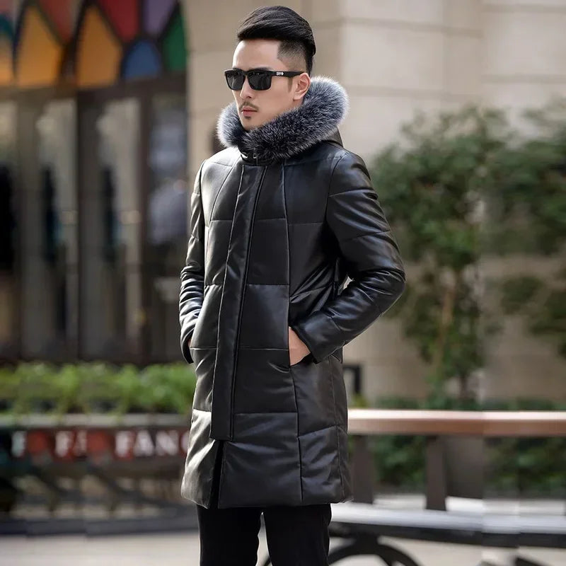 Down Jacket Genuine Leather Jacket Men's Mid Length Slim Fit Hooded Sheepskin Coat Man Puffer Jacket Winter Thicken Windbreaker
