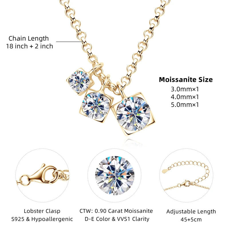 Lnngy Three Stone Moissanite Pendant Necklace Niche 925 Sterling Silver Chain Necklaces for Women collar plata 925 Jewelry Gift