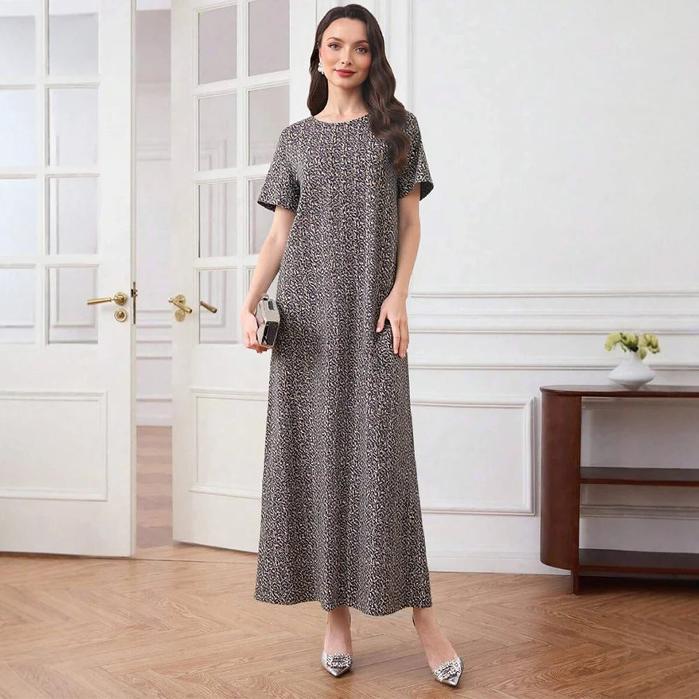 Rafiah Women's Long Dresses Summer Comfortable Elegant 2025 Full Print Short Sleeve Round Neck A-Line Midi Vacation Dresses