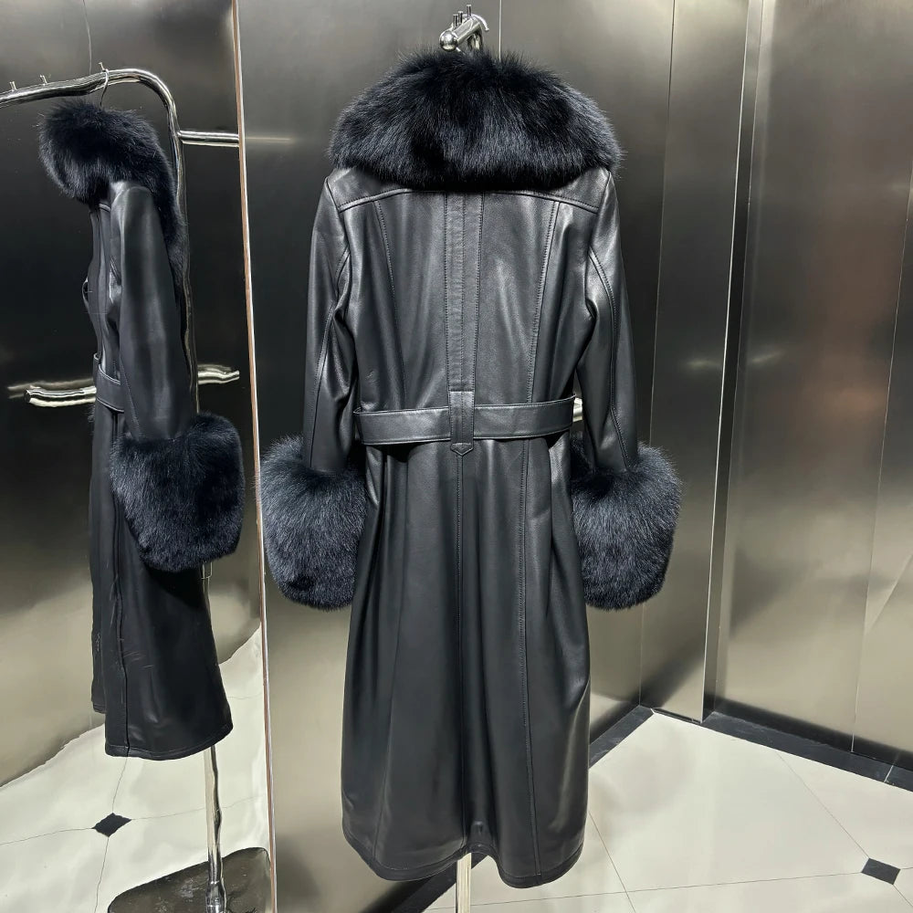 Black Leather Jacket With Fox Fur Collar Real Sheepskin Long Leather Jackets Leather Jacket Women 2025 Winter