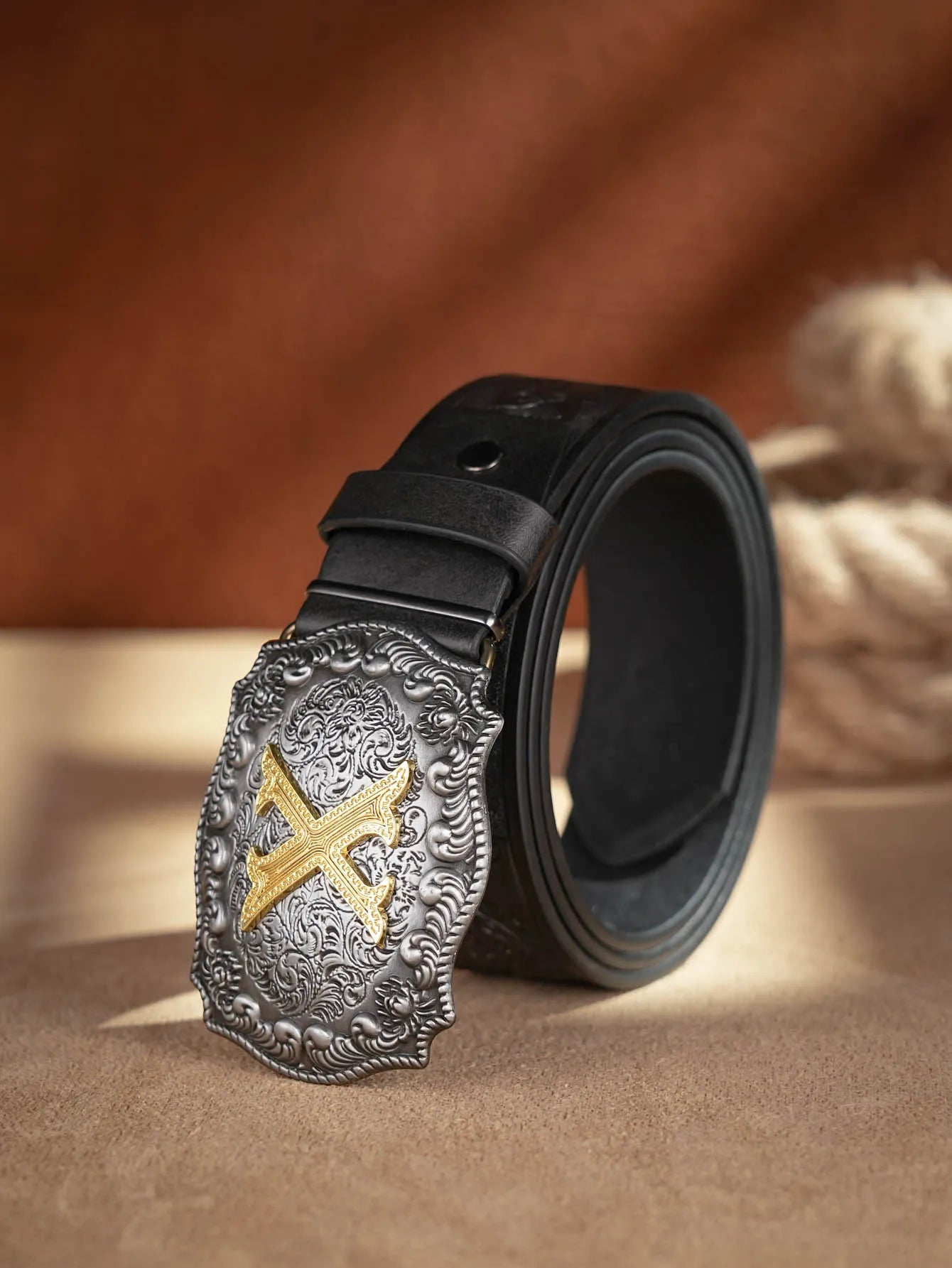 Western Cowboy PU Leather Belt - Men Waist Strap Bull Decoration Floral Engraved for Jeans