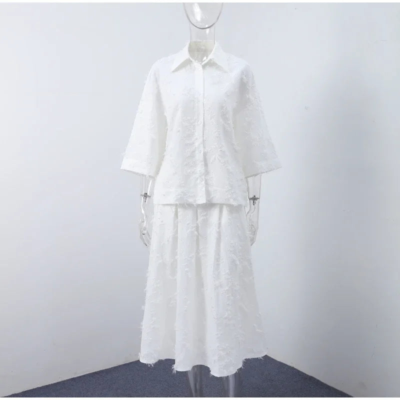 Street Shirt & Skirt Set – Women’s Turn-Down Collar Button Top with High Waist Pleated Skirt – Spring/Summer 2025