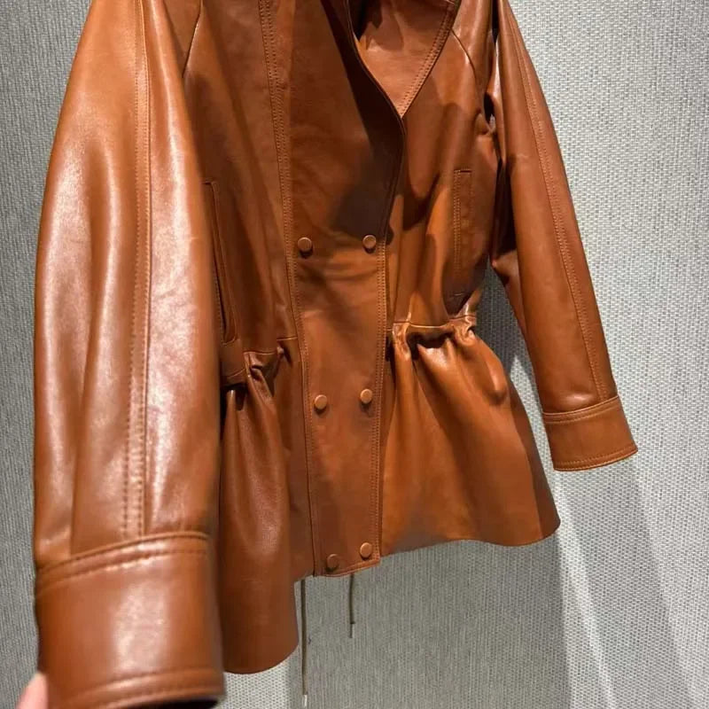 Real Sheepskin Coat Spring And Autumn Women Regular Length Pleating Design High Quality Outerwear Female Genuine Leather Jacket