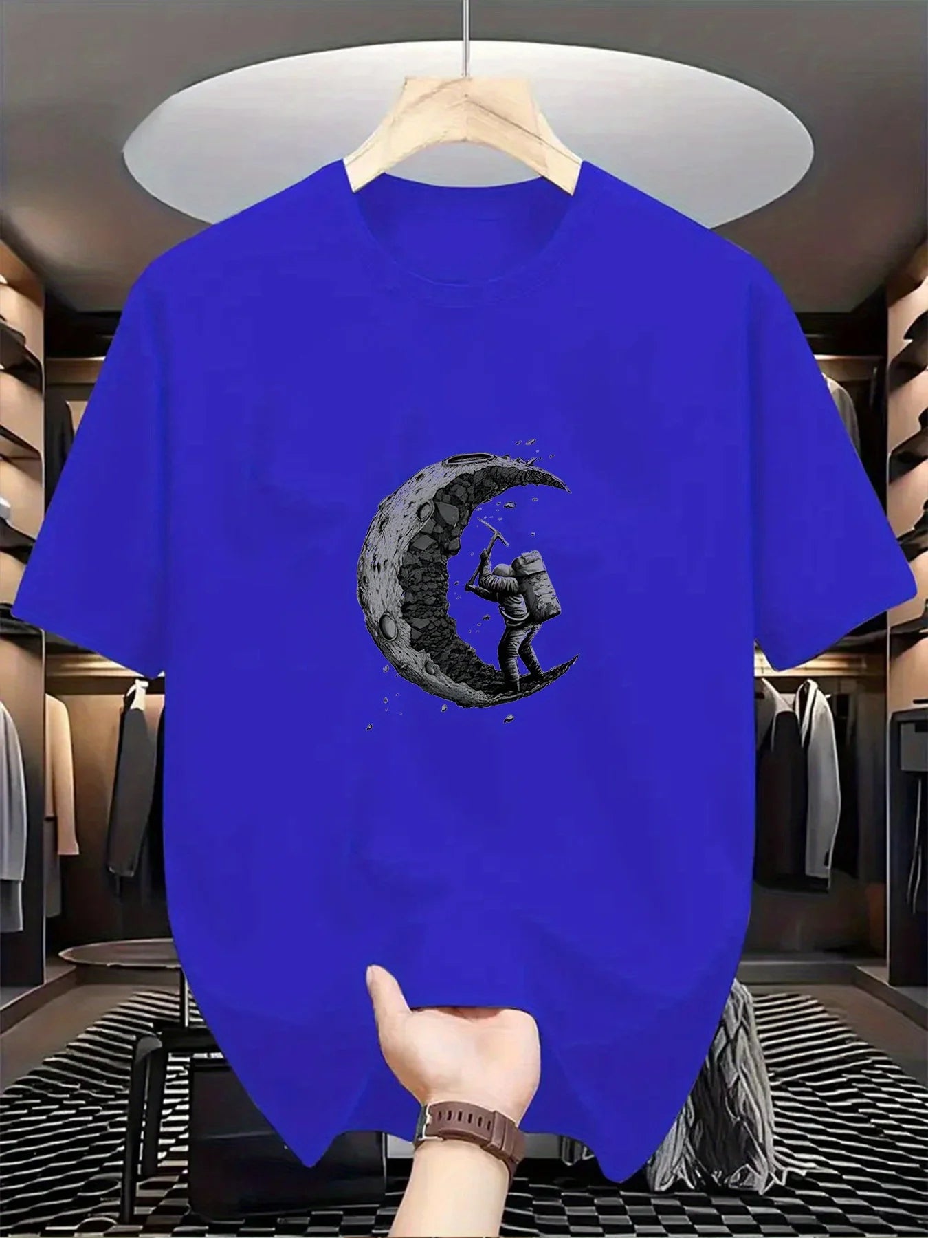 Men's summer 100% cotton π moon shaped planet astronaut π§βπ digging printed casual loose solid color multi-color optional sports round neck short sleeved T-shirt top
