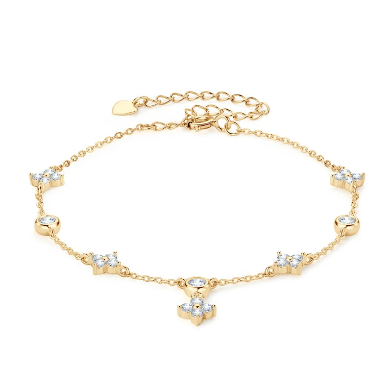 Lnngy Moissanite Four Leaf Flower Chain Bracelet for Women 925 Sterling Silver Niche Simple Desgin Bracelets Jewelry Accessories