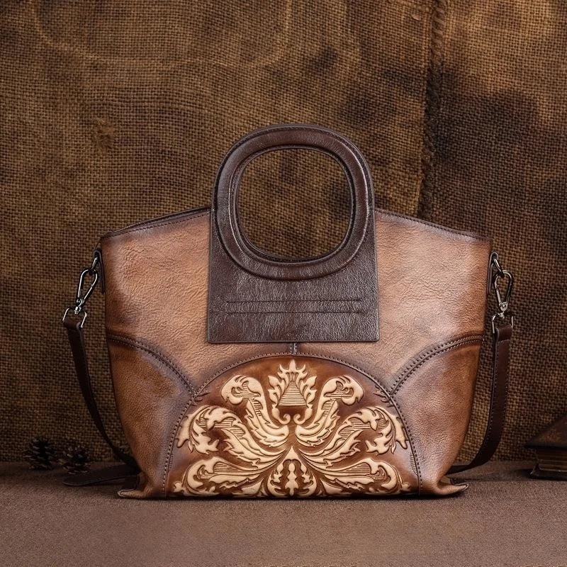 MOTAORA Genuine Leather Luxury Shoulder Bags for Women, Vintage Handmade Designer Cowhide Handbags with Embossed Details