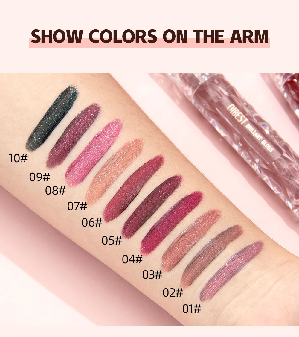 QIBEST Shimmer Lip Gloss Diamond Glitter Lip Tint Waterproof Long Lasting Matte Liquid Lipstick Red Purple Lipgloss Women Makeup