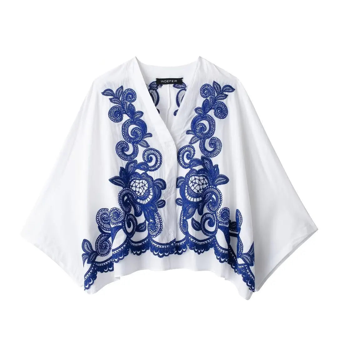 TRAFZA 2024 Women Skirt Set Blue Embroidery Three Quarter Bat Sleeve Shirt +Folds A Line Long Skirt Casual Loose Beach Holiday